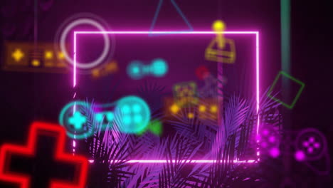 animation of neon gaming icons over neon shapes and leaves