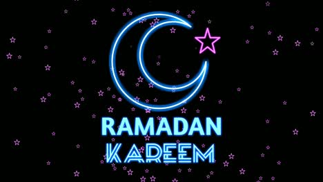 neon sign lights ramadan kareem text animation on black background with rain of stars.4k
