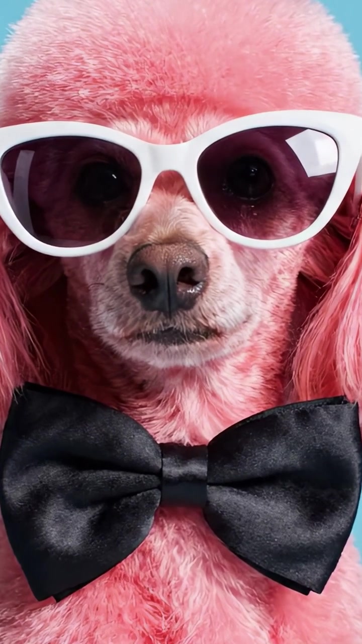 Adorabile barboncino rosa, elegante e chic, con occhiali da sole e papillon, posa per un divertente servizio fotografico di moda che ne evidenzia il look unico e la personalità.