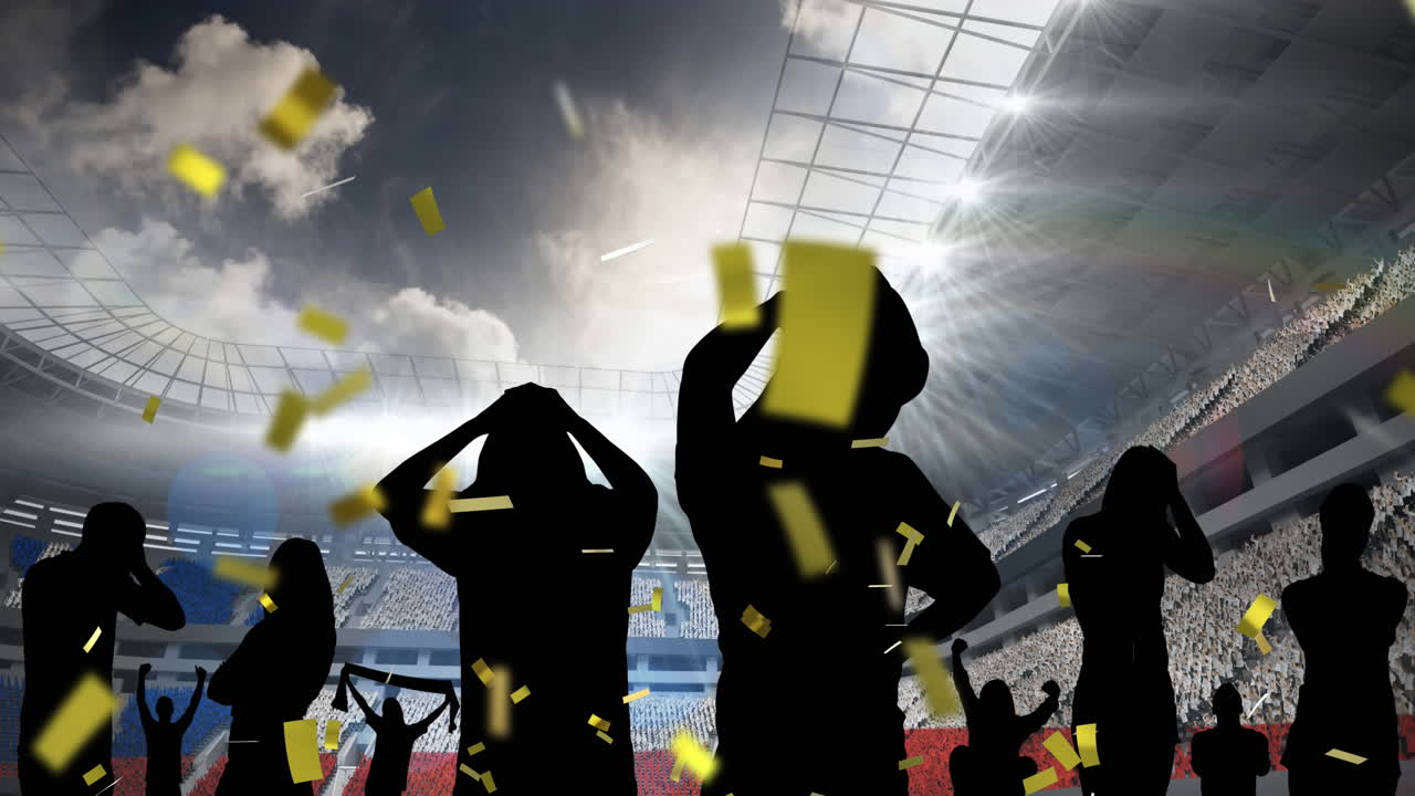 스포츠 경기장 에 대한 실망 한 팬 들 의 실루 ⁇  위 에 떨어지는 황금 콘페티