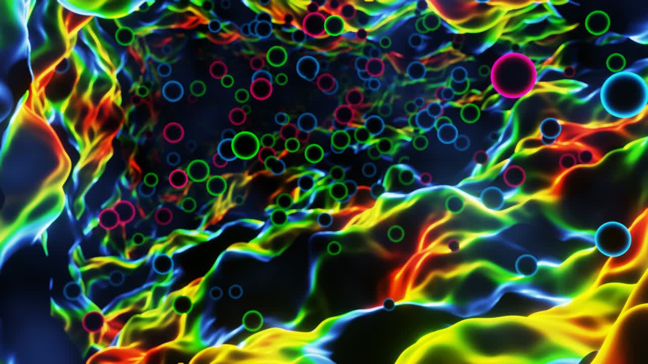 Abstract multi-colored abyss with flying balls.