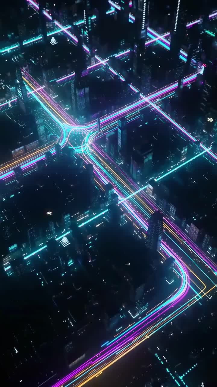 Paesaggio urbano futuristico con luci al neon da una vista dall'alto, che ricorda una scena di videogioco.