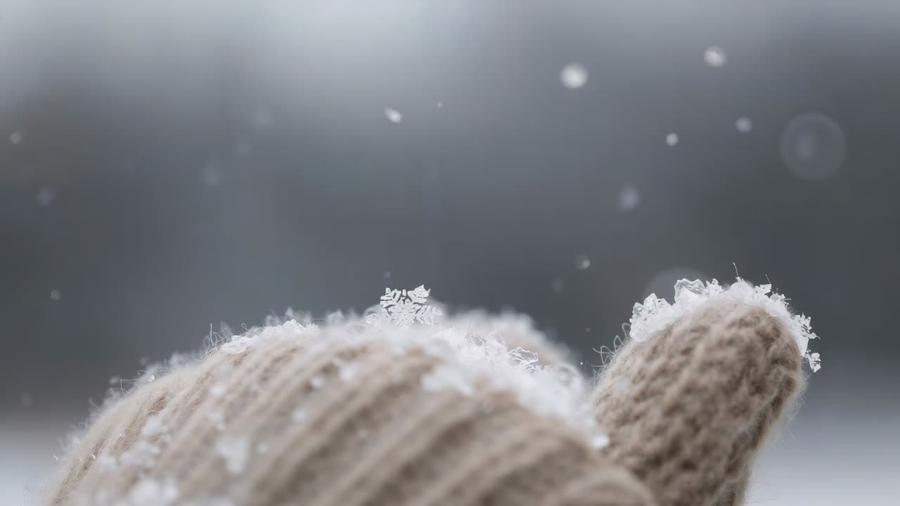 舞い落ちる雪、ベージュのニットの手袋が屋外で繊維に結晶を集め、ソフトなボケ味。