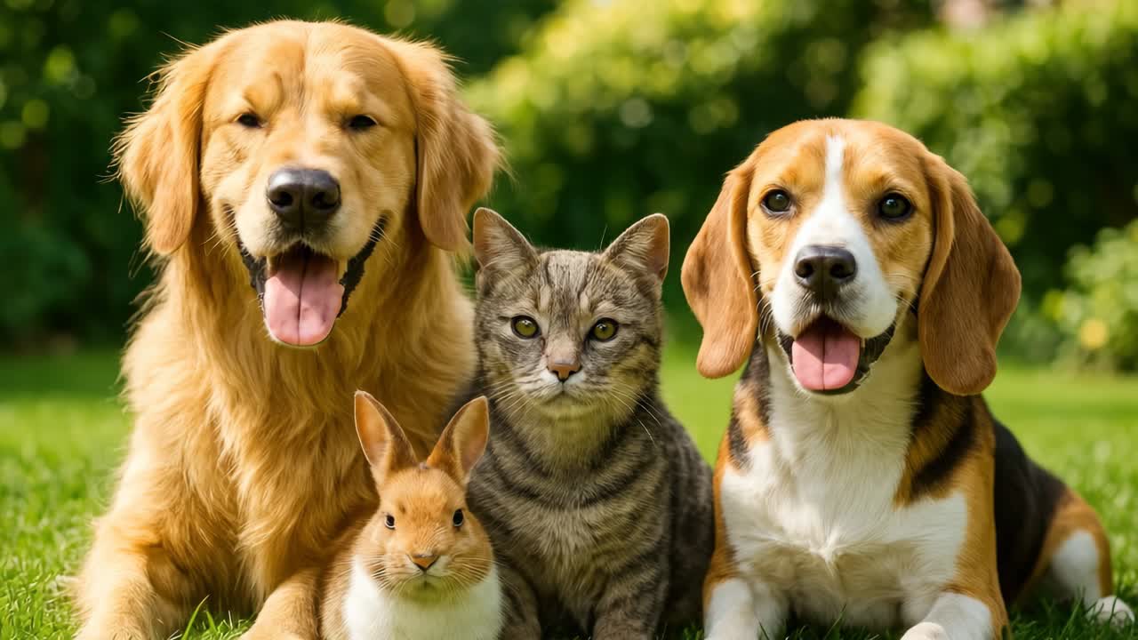 Ein herzerwärmendes Videokonzept mit einer Aufnahme aus niedrigem Winkel von zwei Hunden, einer Katze und einem Kaninchen, die zusammensitzen