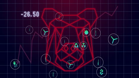 using animation, geometric bear outline with eco-friendly icons on grid background