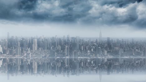 animation of distant cityscape with modern buildings and clouds on blue sky reflected in water