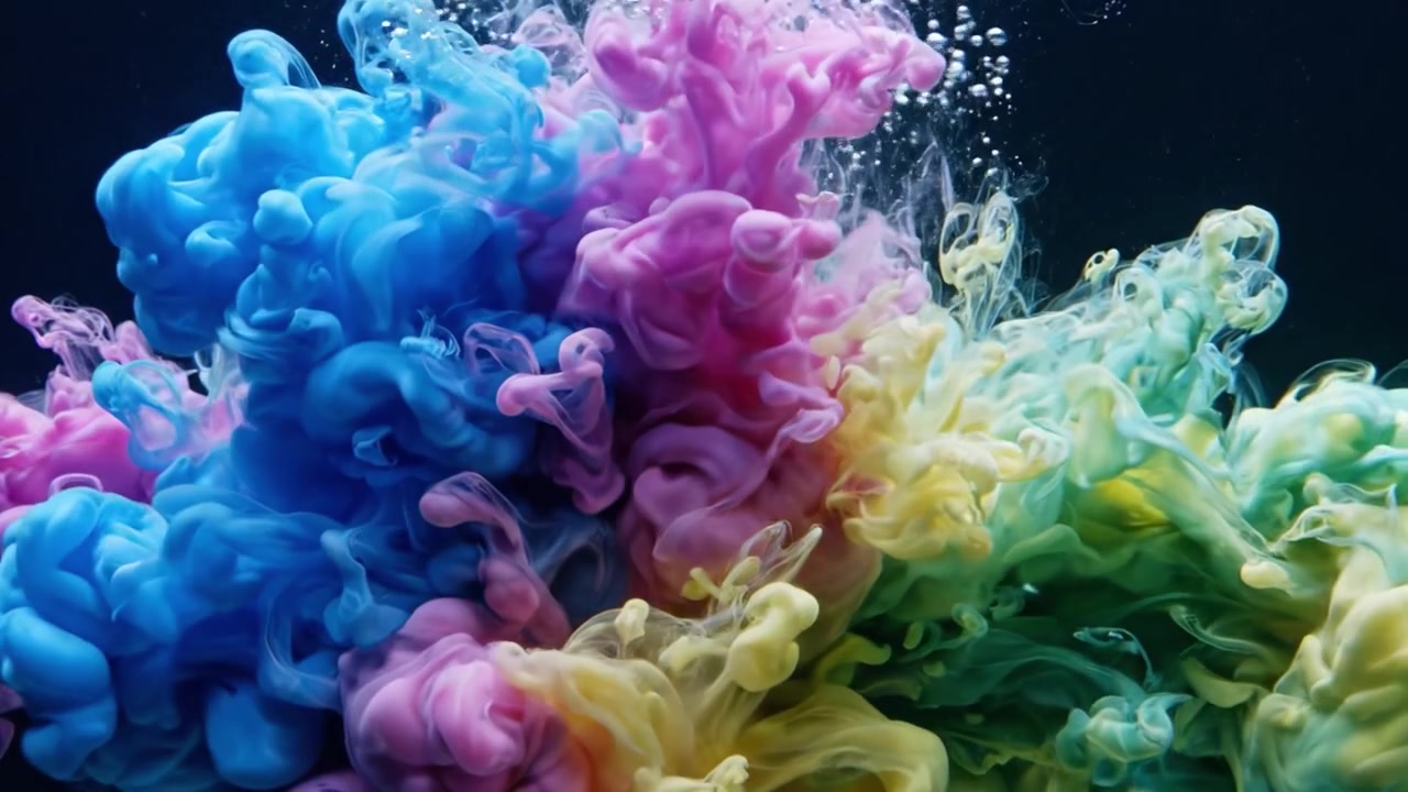 Remolinos vibrantes de tinta colorida creando impresionantes patrones abstractos en el agua, mostrando el flujo dinámico y la fusión de diferentes tonos en una exhibición fascinante.