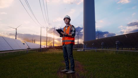 full body side view of asian male engineer with safety helmet taking note on the tablet and looking around while standing with solar panel and wind turbines
