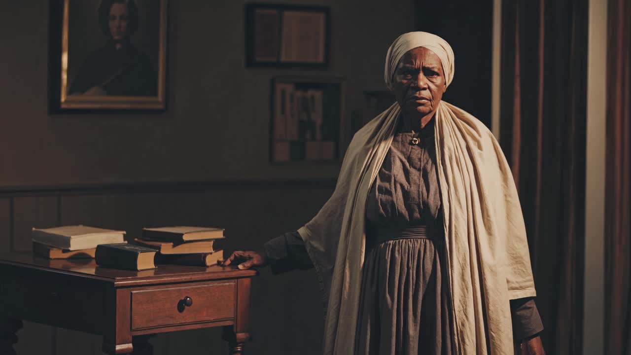 Image tirée d’une vidéo de style vintage d’une femme âgée en tenue traditionnelle, debout près d’une table