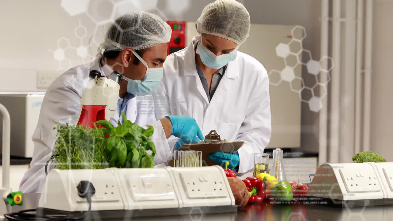 animazione di diagrammi di elementi e elaborazione dei dati su due scienziati diversi che lavorano in laboratorio