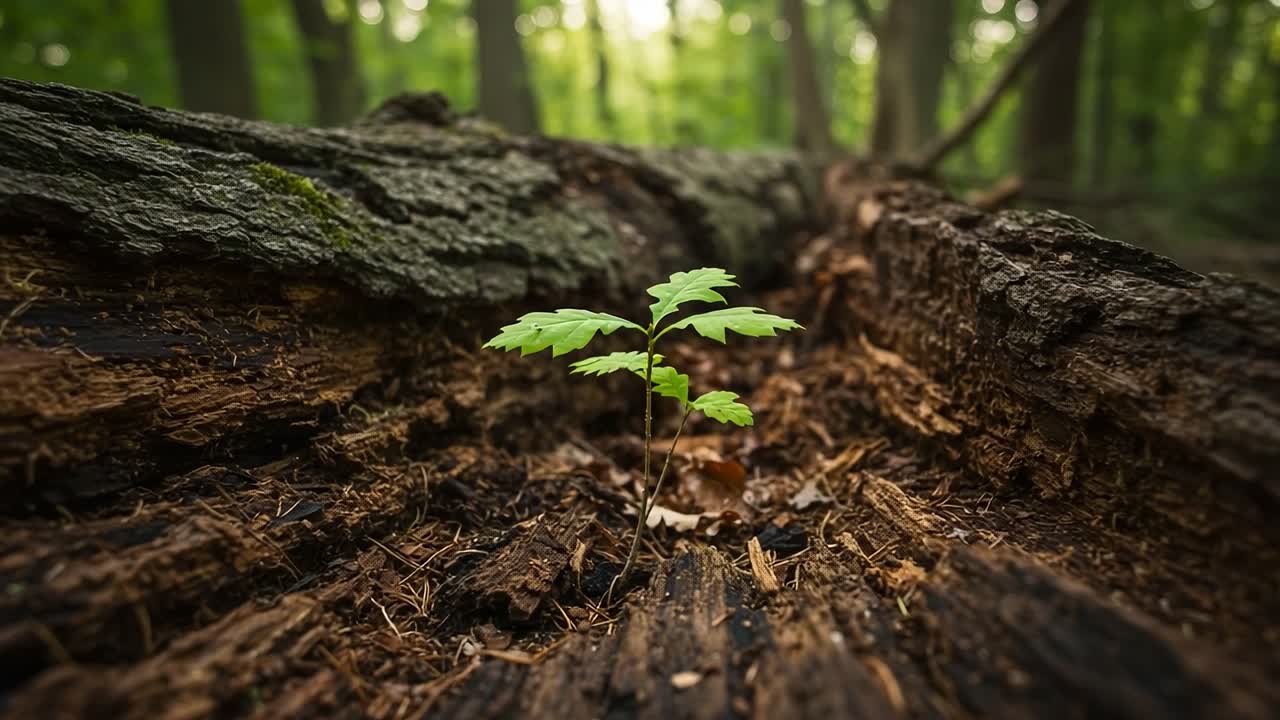 A Resilient Sprout Emerges from Nature's Decay, Showcasing Growth and Hope Amidst Ancient Timber in a Serene Forest Environment
