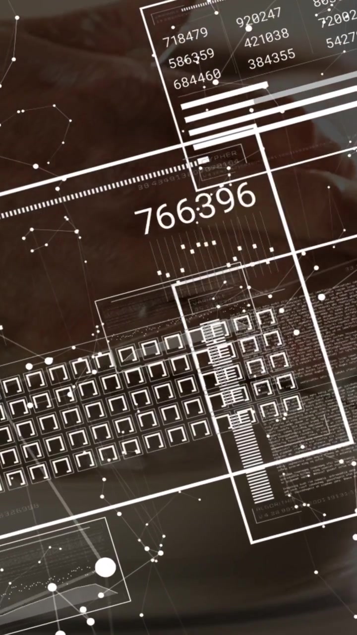 Vertical video: Updating HUD as digits appearing, shifting boxes and revealing dot network on glass