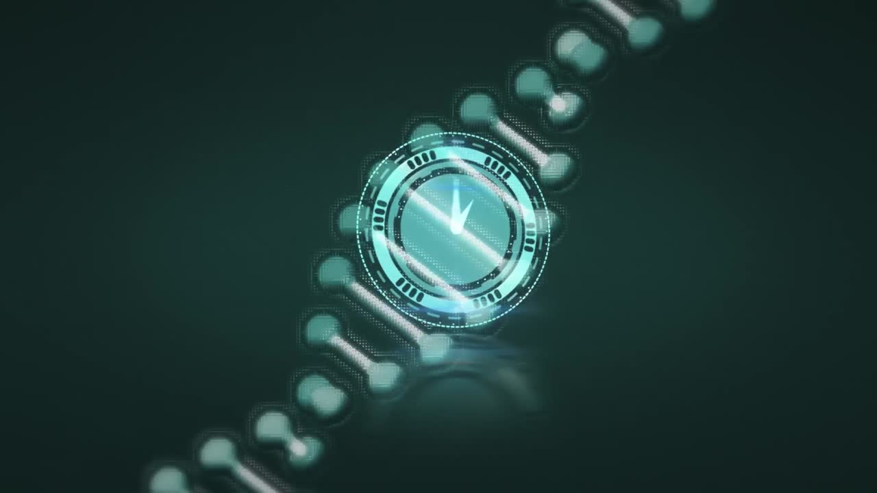 animación de un reloj que se mueve sobre la cadena de adn sobre un fondo gris