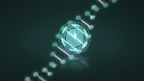 Animation-of-clock-moving-over-dna-strand-on-gray-background