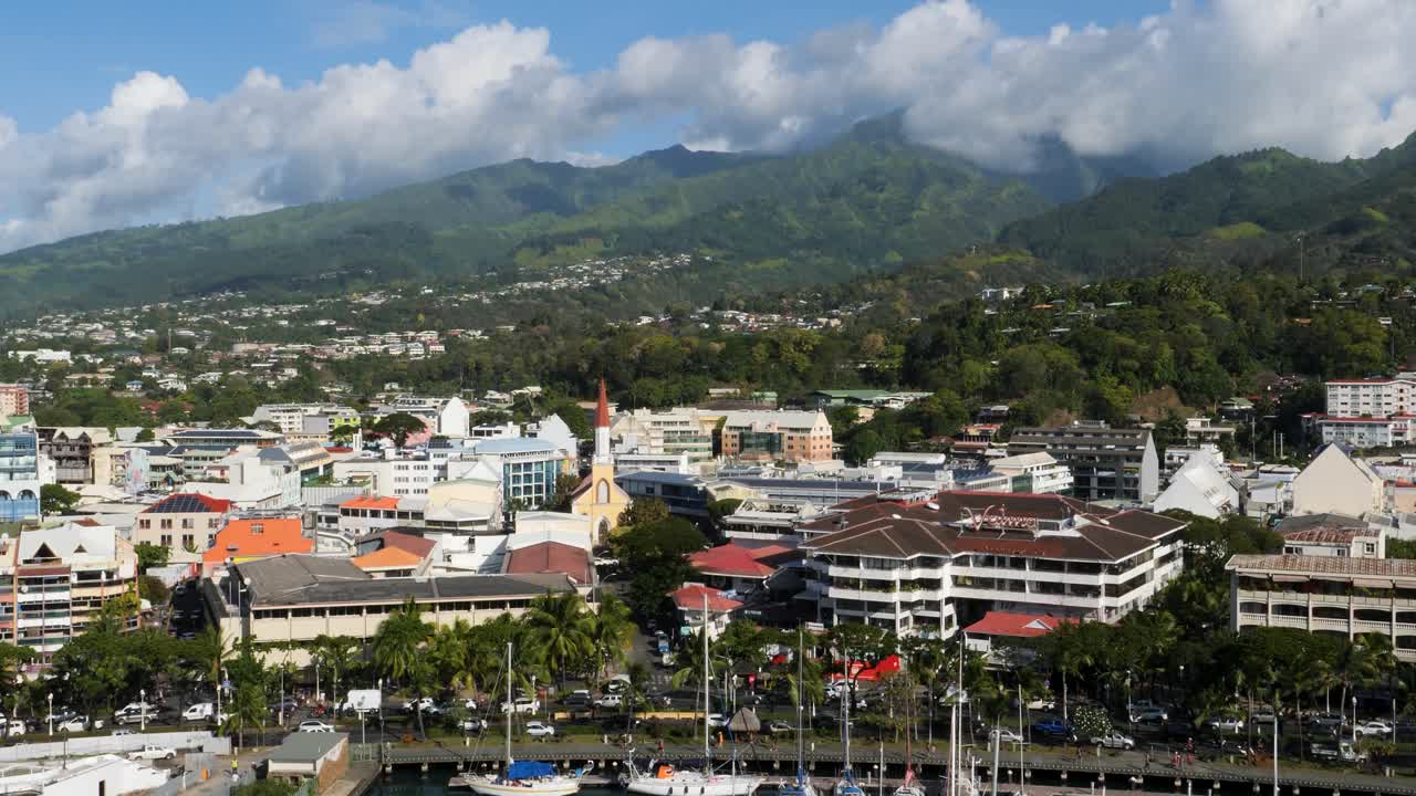 Aerial view of the capital city of Papeete,Tahiti.Traffic on the boulevard Reine Pomare IV, in the capital city,rush hour.
