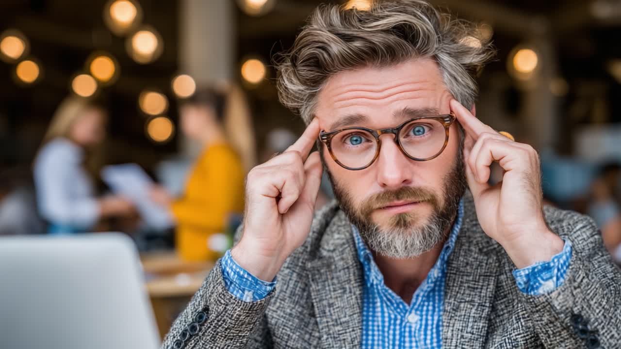 A Focused Man in Glasses Concentrates at a Work Table While Navigating the Challenges of His Thought Process in a Busy Office Environment