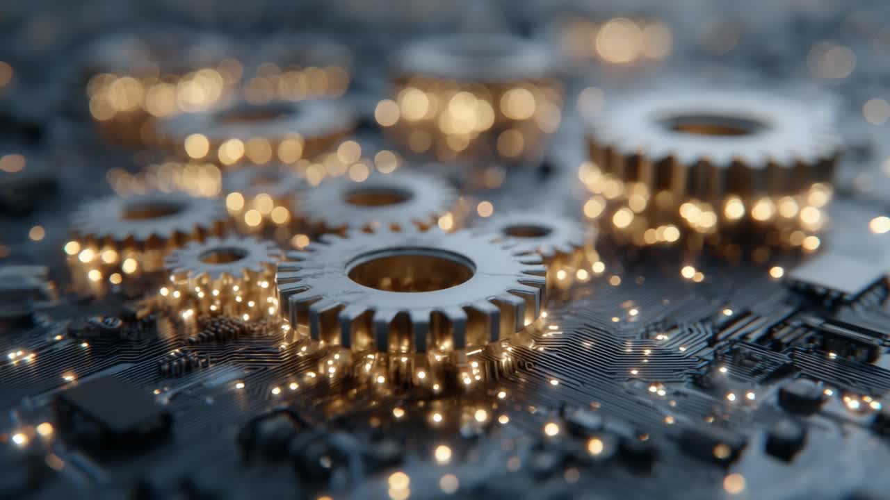 Illuminated Gears on a Circuit Board: A Close-Up Exploration of Technology Blending Mechanical and Digital Elements with a Futuristic Glow