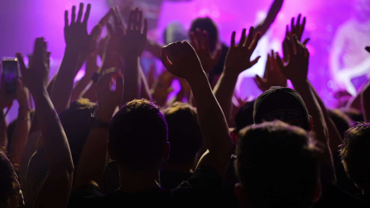 Crowd of enthusiastic concertgoers with hands raised in excitement under vibrant stage lights
