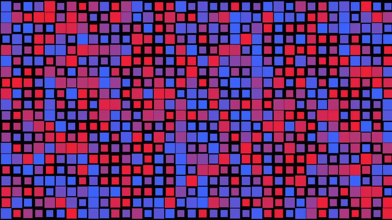 Abstract loopable pulsating geometric pattern, colorful squares, black background, vibrant modern dynamic design