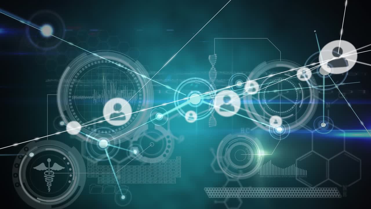 Animation of network of connections with icons and data processing