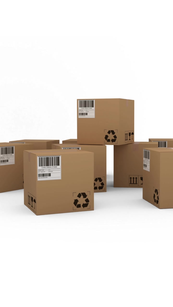 Animation of multiple stacked up cardboard boxes moving on white background