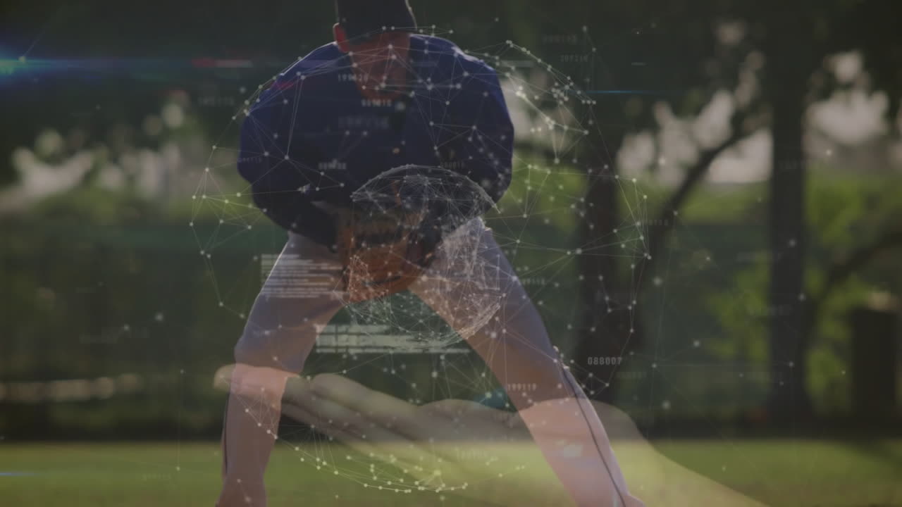Baseball player preparing to catch with digital network overlay animation
