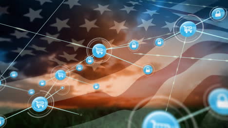 Animation-of-network-of-shopping-and-security-icons-over-flag-of-america-and-cloudy-sky