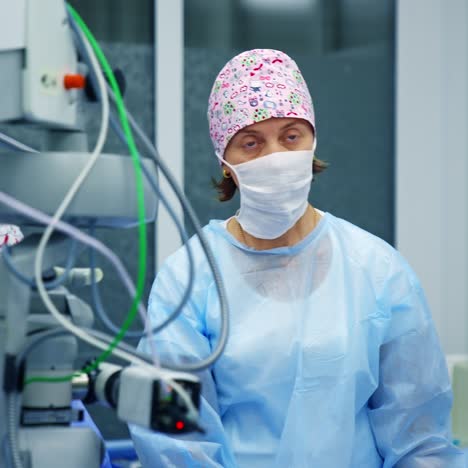 professional ophthalmologist discusses surgery operation with colleague. woman medic in scrubs and mask stands on modern equipment background
