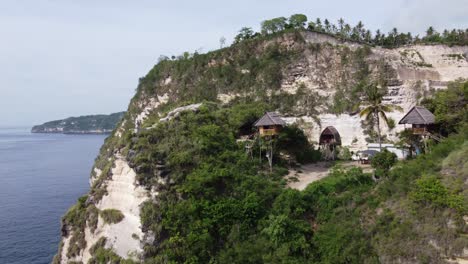 las cabañas del árbol rumah pohon en el acantilado de la orilla del océano en nusa penida, aérea