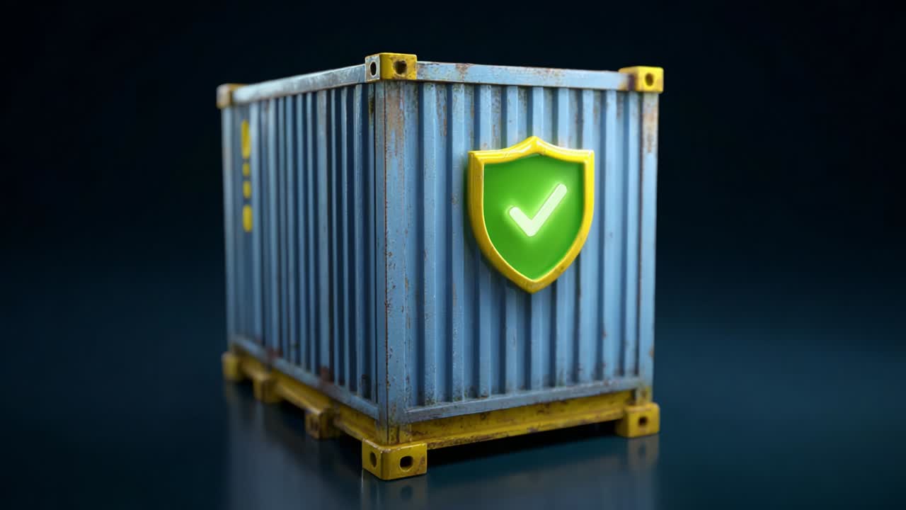 A well-designed shipping container featuring a security shield emblem represents safety and reliability while showcasing its sturdy metallic structure and distinct color combination of blue and yellow in a modern, minimalistic setting