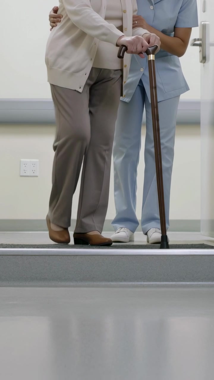 Video verticale: Anziano che si sposta scendendo un gradino della clinica mentre un assistente in camice tiene un bastone per sicurezza.