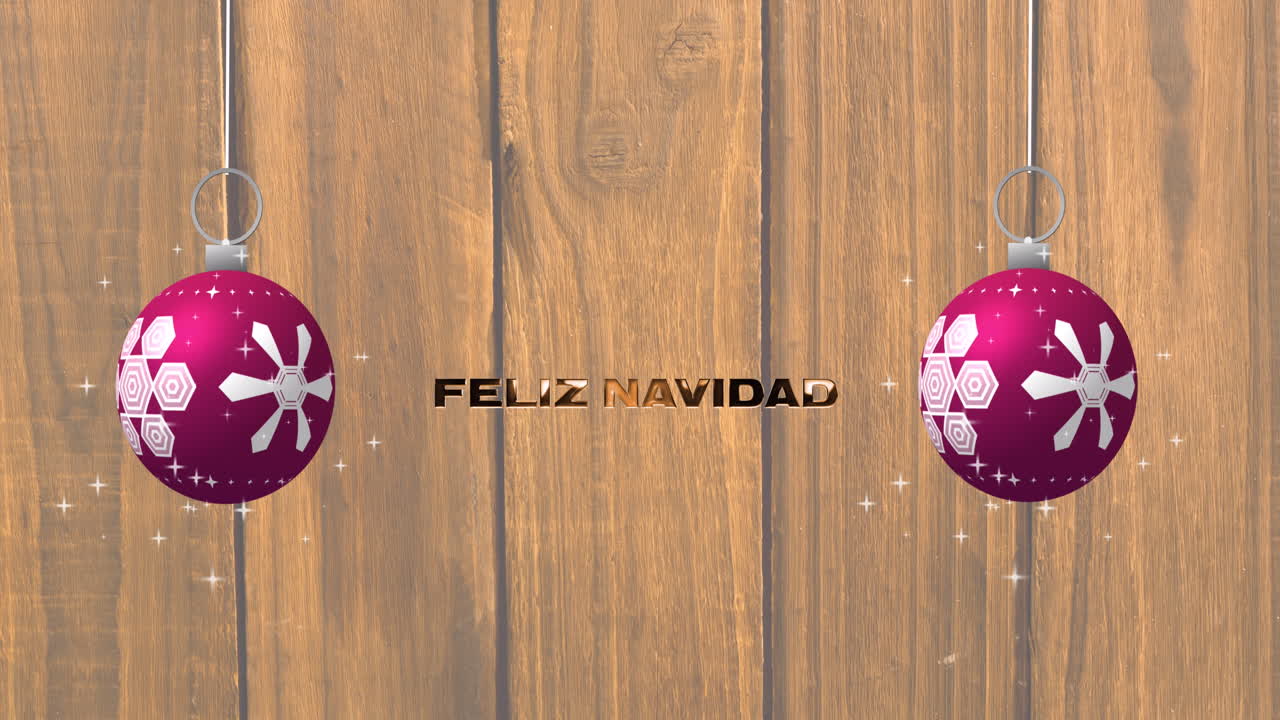 animación de texto de feliz navidad y bolas de navidad en fondo de madera