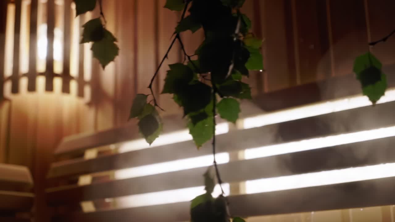 A Serene Evening in a Wood-paneled Space with Soothing Aqua Hues and Soft Lighting, Featuring Leaves Dripping Water Amidst a Gentle Mist