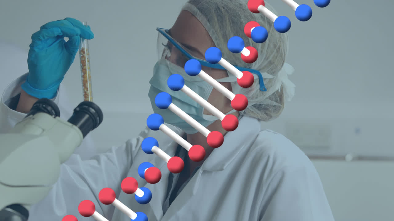 Animation of dna strand spinning over female doctor working in lab