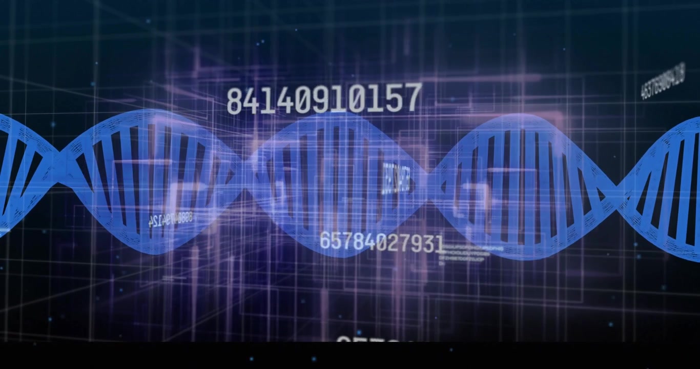 Numeric streams updating, activating blue double-helix waving while wireframes sliding for scanning
