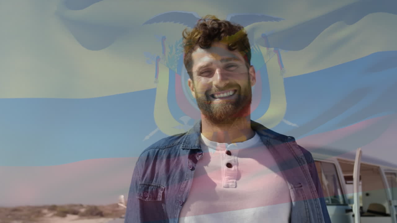 animación de ondear la bandera de colombia sobre un hombre divirtiéndose en la playa