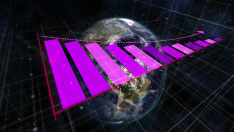 Animation-Eines-Pfeils-Auf-Balkendiagrammen-Und-Eines-Rotierenden-Globus-Auf-Schwarzem-Hintergrund