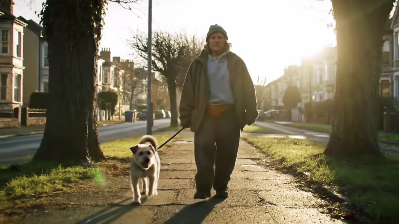 A Peaceful Evening Stroll: A Person Walking Their Dog Along a Quiet Residential Street with Golden Hour Sunlight Casting Long Shadows