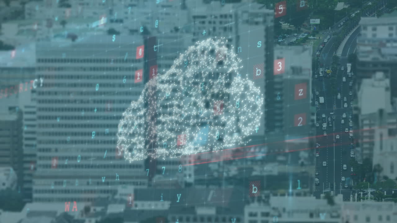 Animation of online cloud over cyber attack warning text and cityscape