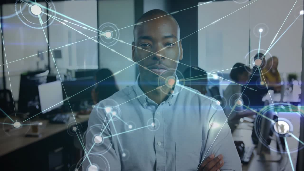 Office professional receiving holographic circle then network nodes linking for data sharing