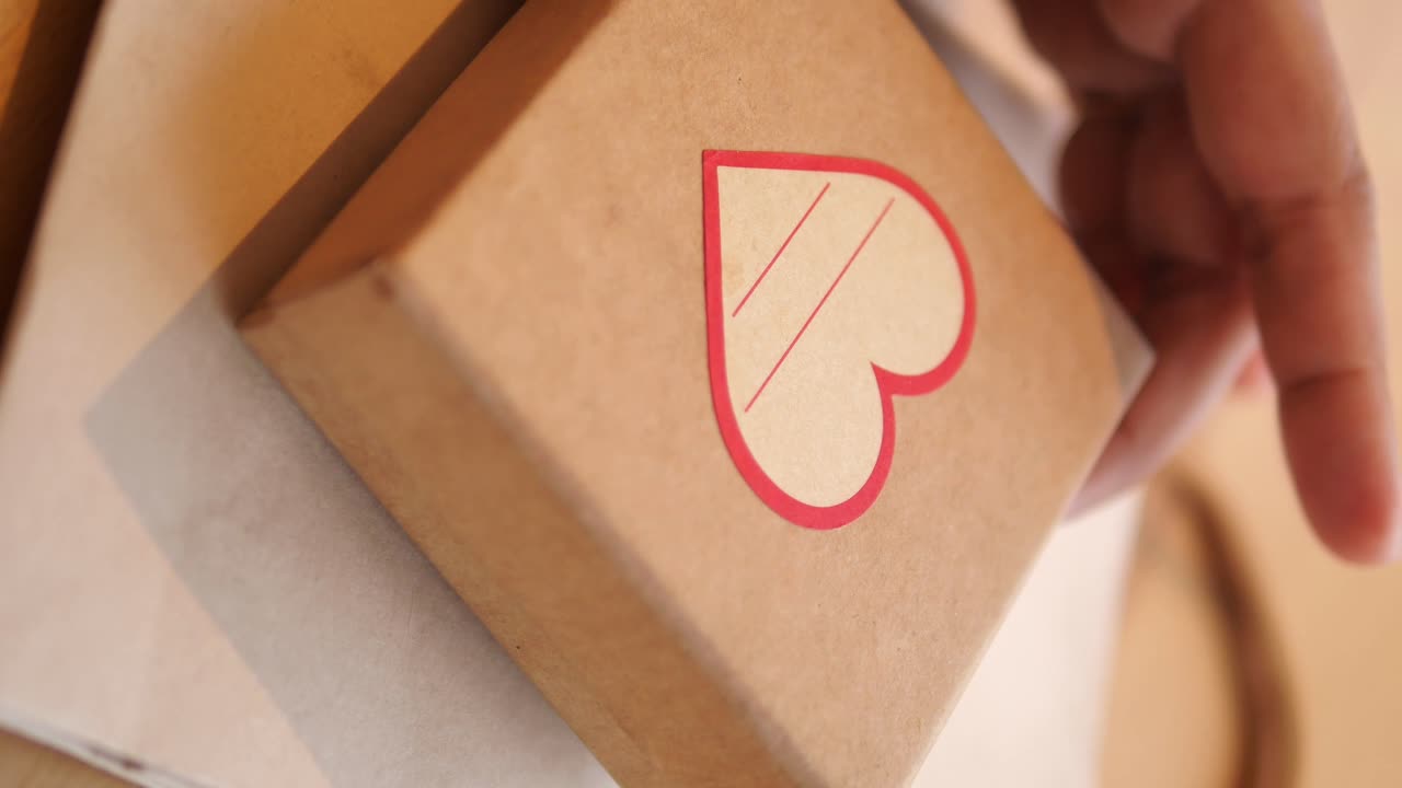 Hand holding a gift box with a heart sticker