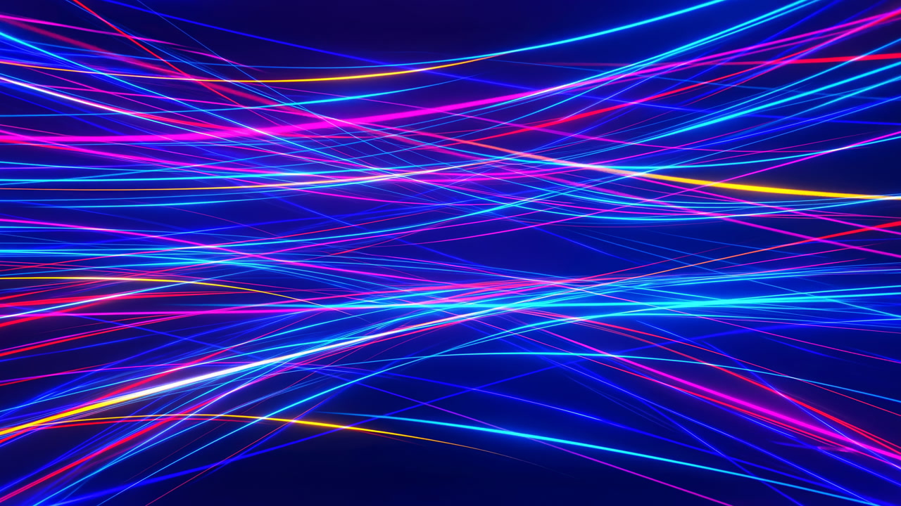 Multicolor Light Strands Flow Like Network, Neon Fibers Cross In Layered Grid Evoking High Speed Data