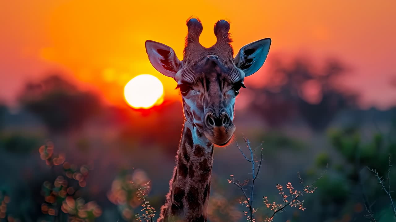 Girafa no pôr do sol na savana. Uma girafa observa o pôr do sol sobre a savana, emoldurada por árvores e grama, criando uma cena noturna serena