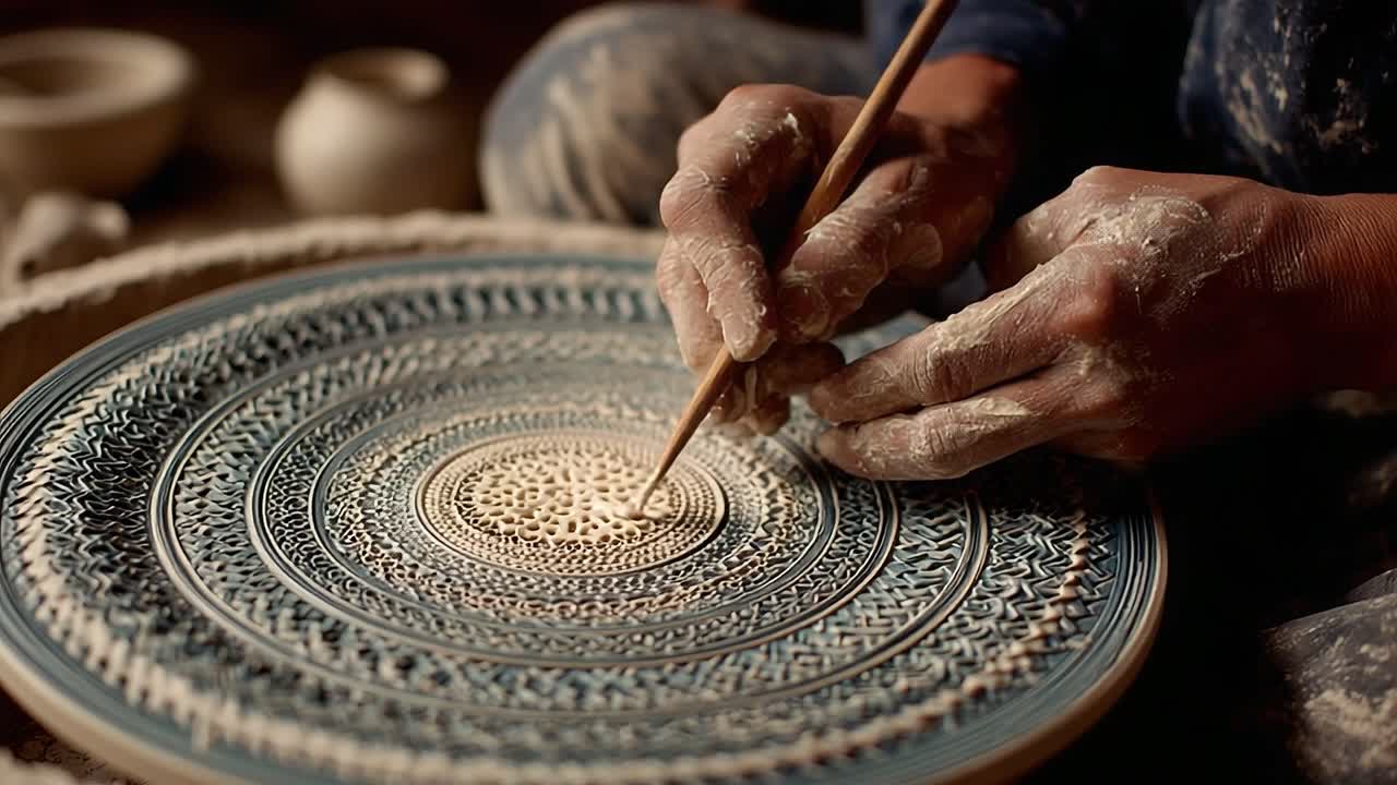 Artisan Hands Skillfully Crafting Intricate Pottery Designs on a Spinning Wheel, Creating Stunning Patterns with Precision and Careful Detail