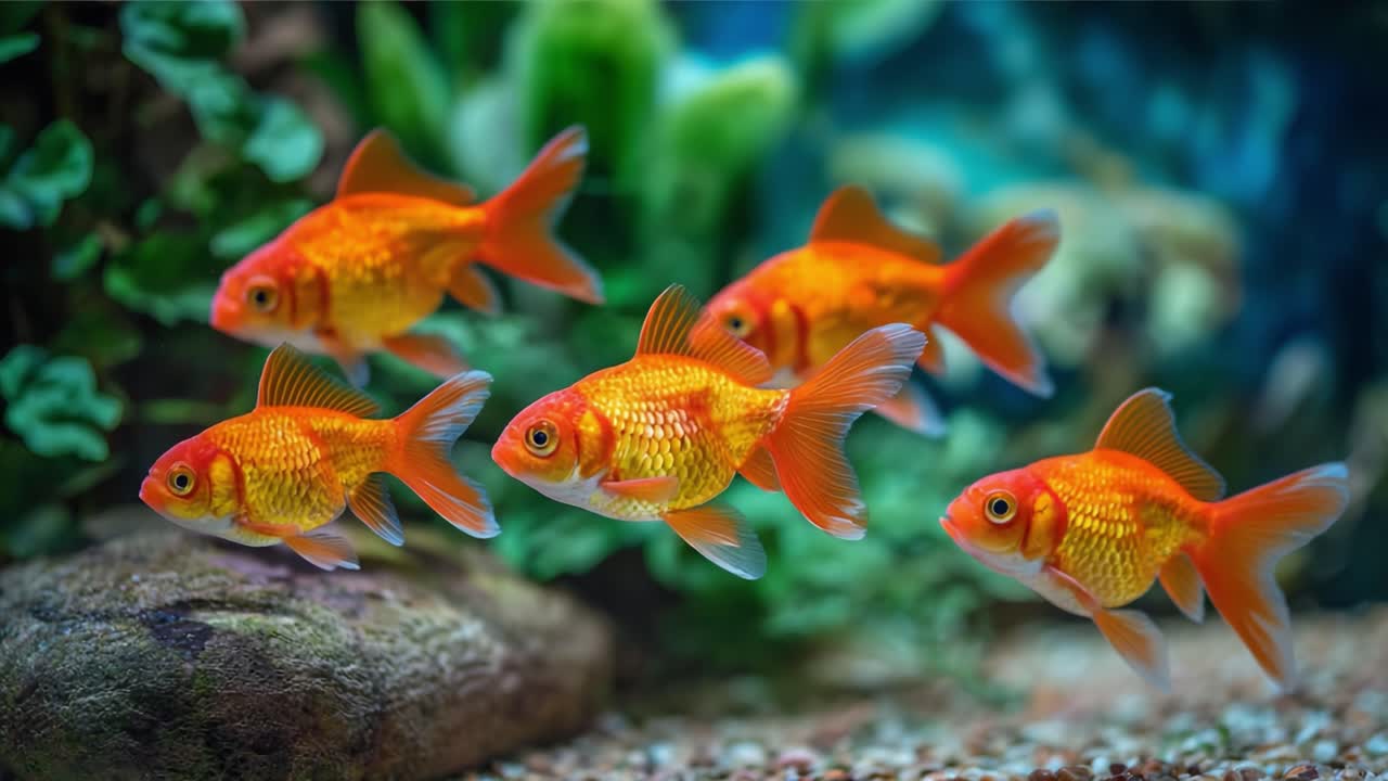 A Vibrant School of Goldfish Swimming Gracefully Through Their Underwater Habitat, Surrounded by Lush Greens and Natural Elements, Captured in Stunning Clarity