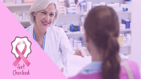 animación del logotipo de la cinta rosada con el texto del cáncer de mama sobre la farmacóloga