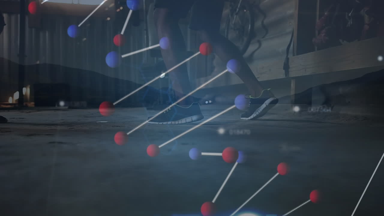 아프리카계 미국인 남성의 점프에 대한 dna 가닥 회전과 데이터 처리 애니메이션