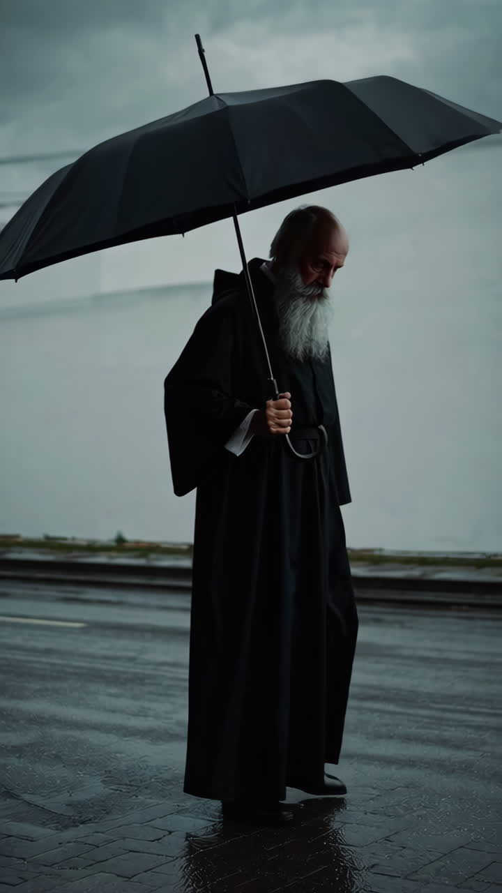Elderly Monk in the Rain