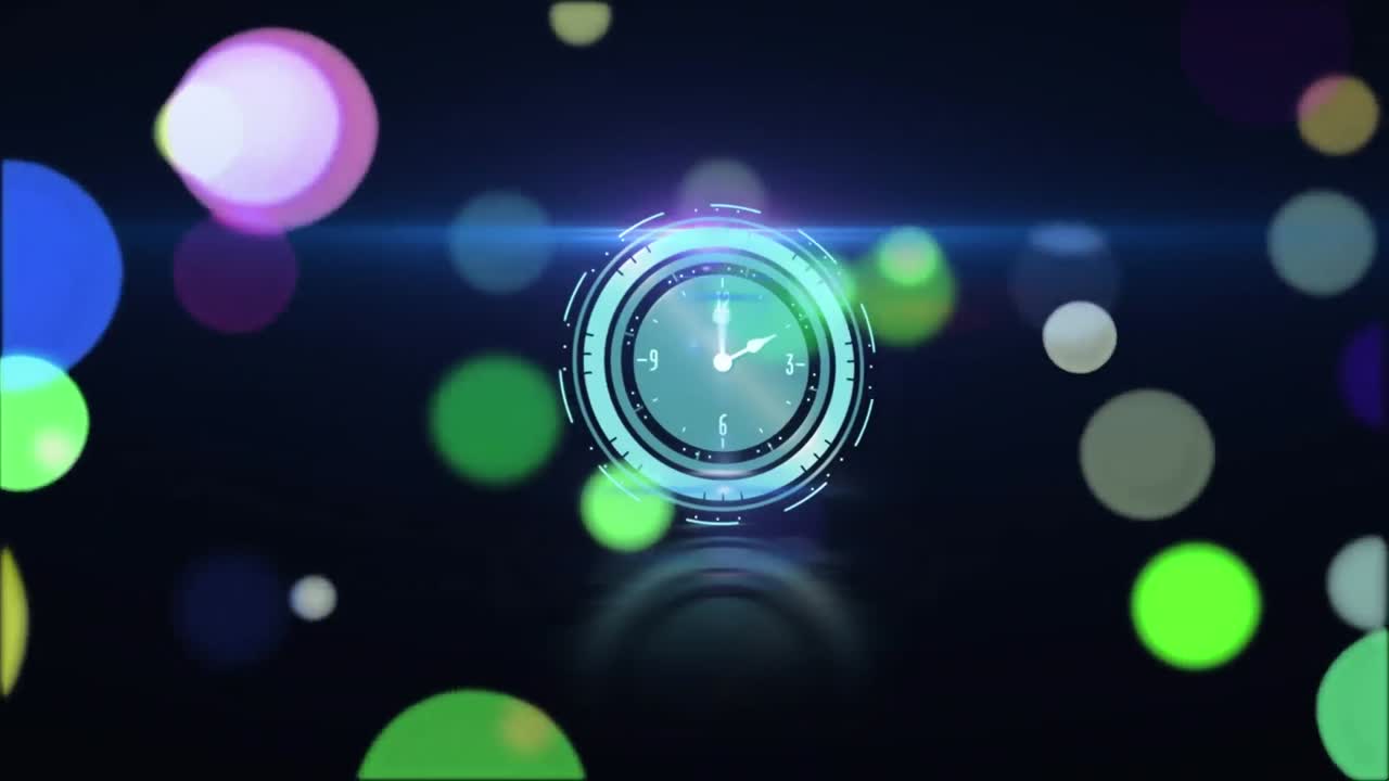 Animation of digital clock over multicolored circles against black background