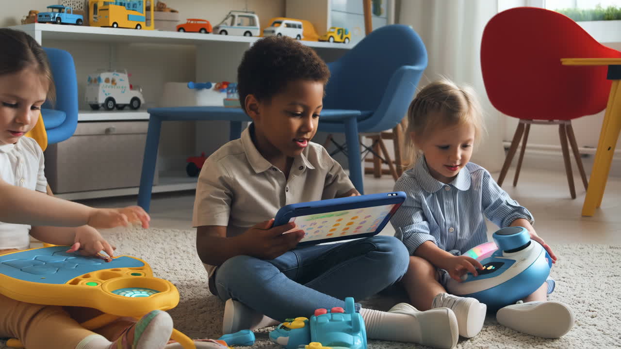 Young children playing with educational toys and a tablet in a playroom